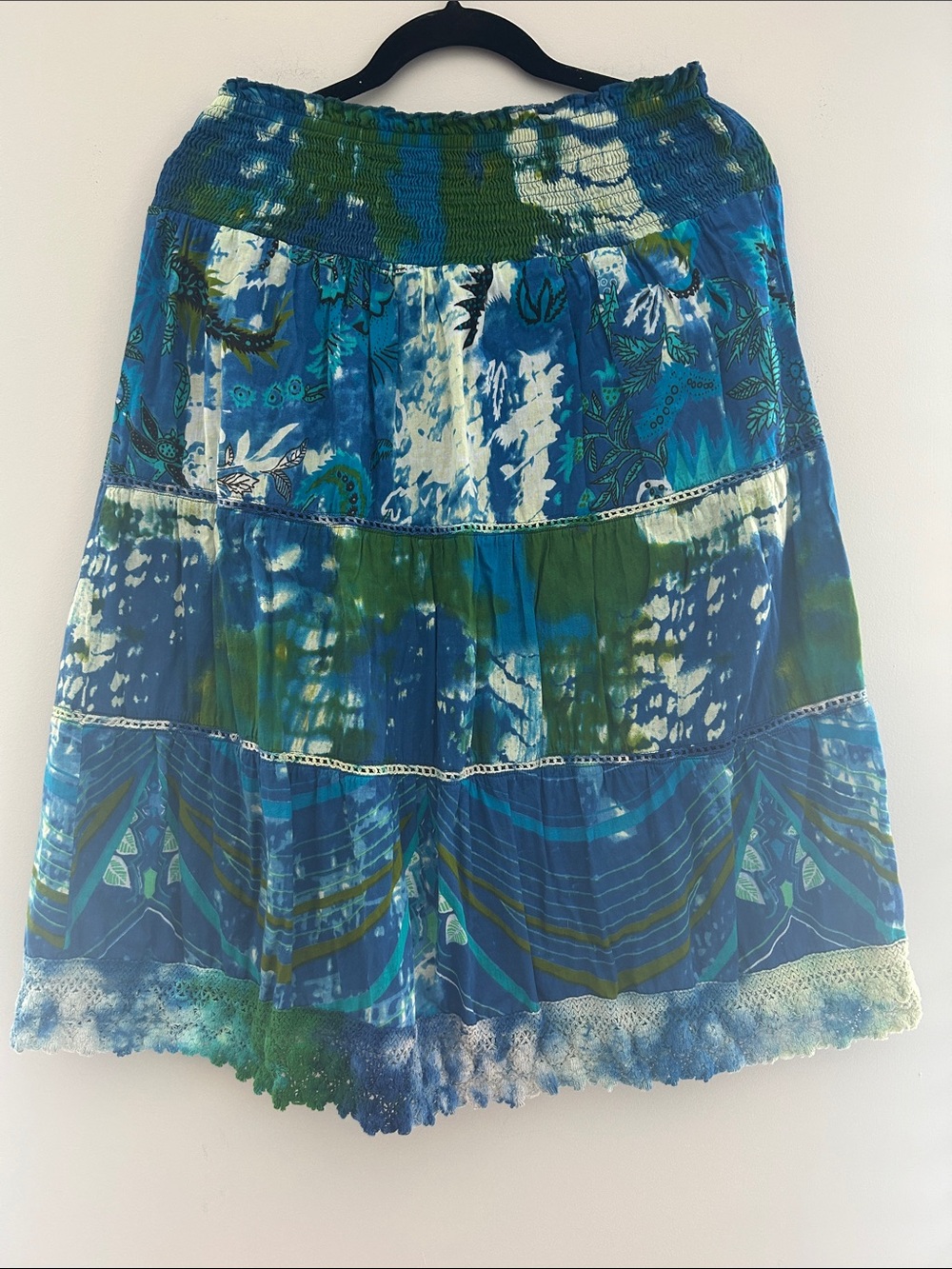 Blue & Green Tiered Midi Skirt - Women's Smocked Waist